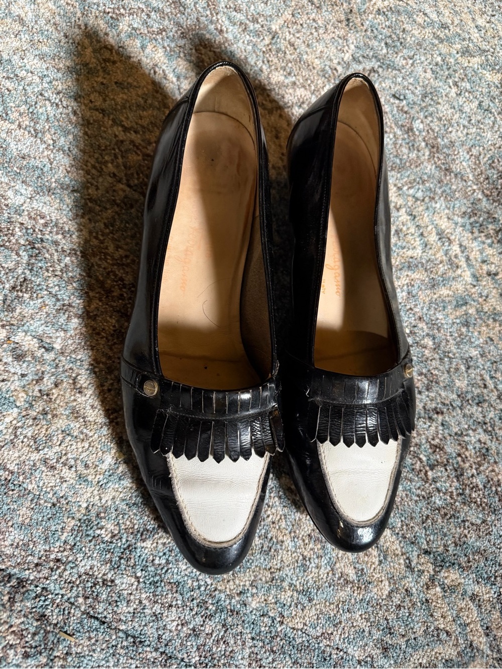 Salvatore Ferragamo Black and White Leather Kiltie Loafers